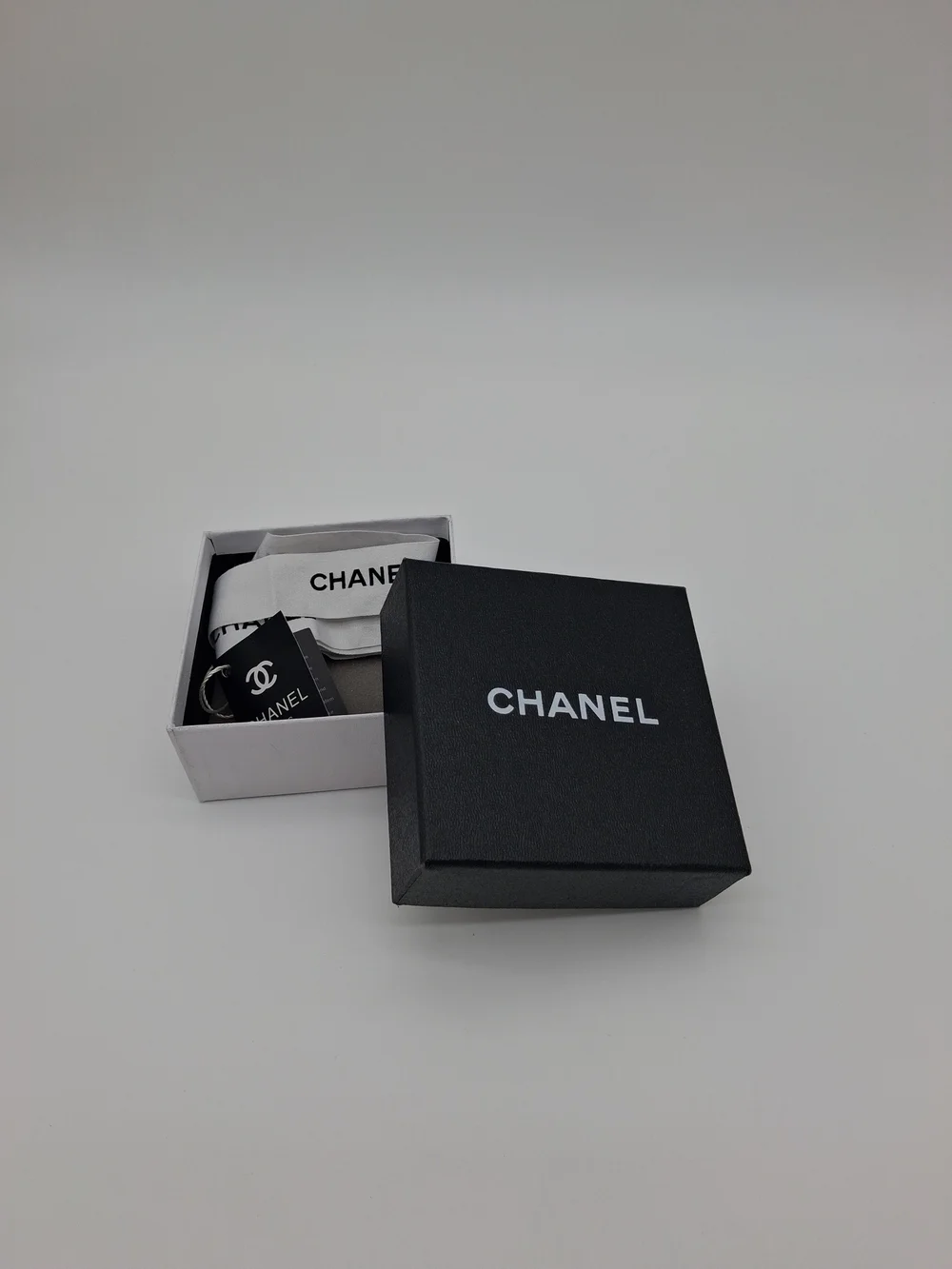 CHANEL Black Jewelry Paddes Gift Box White Interior Ribbon Care Tags Packaging